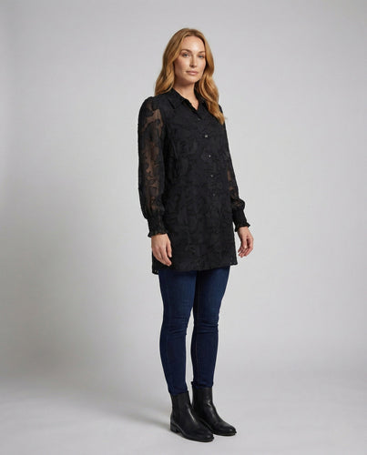 Women's Transparent Chiffon Tunic with Balloon Sleeves