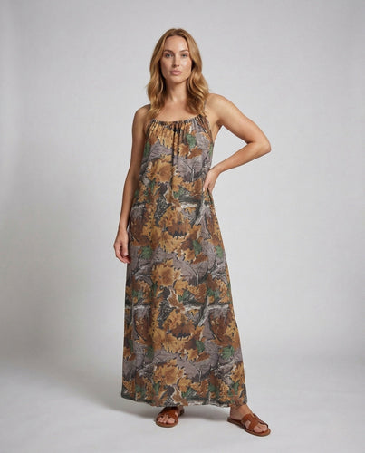 Women Maxi Dress Spaghetti Straps Leaf Print