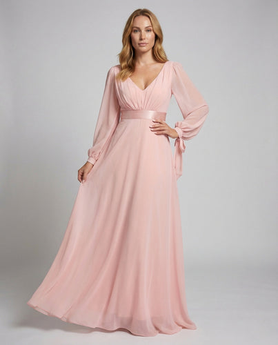 Ladies Chiffon Maxi Dress V Neck Balloon Sleeves