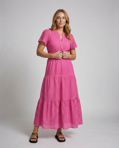 Women’s Maxi Dress Eyelet Embroidery Short Sleeve Tiered Skirt