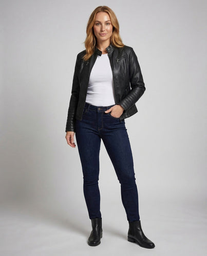 Women's Faux Leather Biker Jacket Quilted Sleeves
