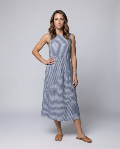 Women's Linen Midi Dress Pockets Sleeveless