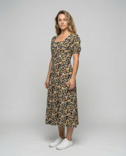 Women's Midi Dress Flowers Puff Sleeves