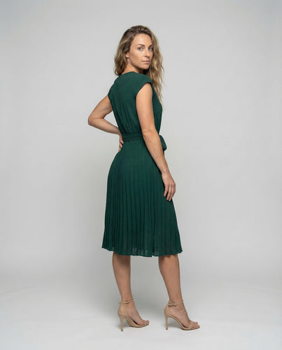 Ladies Midi Dress Pleated Belt Round Neck
