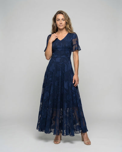 Women Chiffon Evening Dress Floral Appliqué