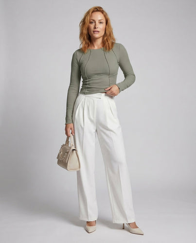 Ladies Ribbed Long Sleeve Shirt Decorative Stitching
