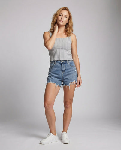 Ladies Short Ribbed Top Wavy Hem