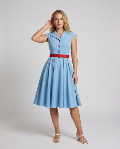 Ladies Retro Swing Dress Notched Collar Belt