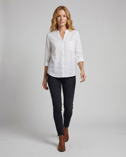 Women’s linen blouse stand collar chest pocket