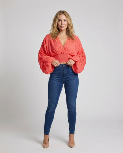 Women Pleated Crop Top Smocked Waistband