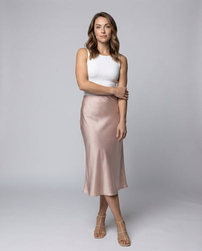Women Midi Skirt Satin Look Diagonal Cut