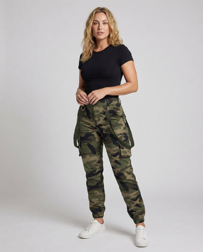 Ladies Utility Cargo Pants Camouflage Pattern Straps