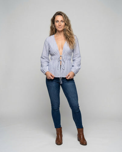 Ladies Waist Blouse Drawstring Bell Sleeves