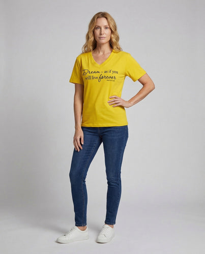 Women's V-neck shirt with statement lettering
