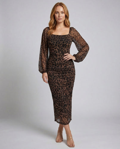 Women's Midi Dress Leopard Print Balloon Sleeves