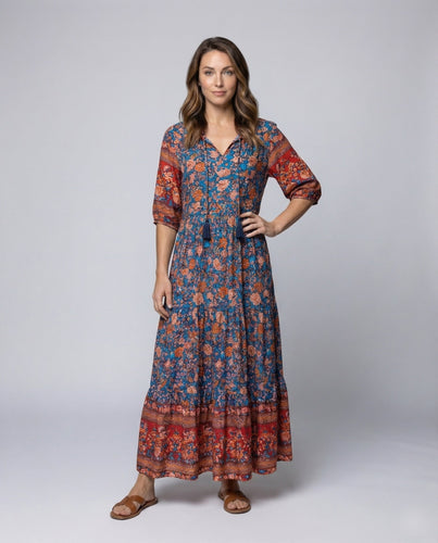 Women Boho Maxi Dress Tiered Ruffle Tassel Tie