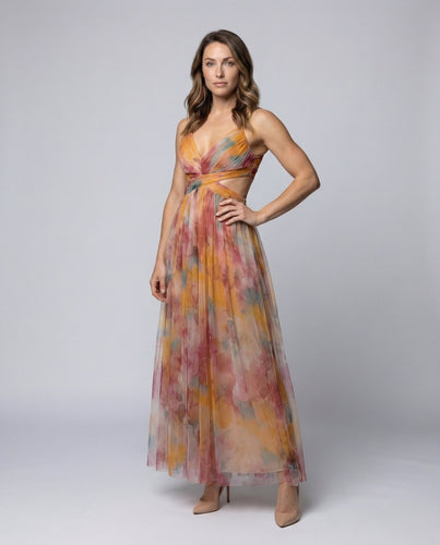 Women Chiffon Evening Dress Crossed Bustier Bodice