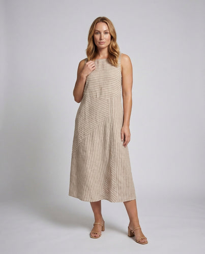Women's Linen Blend Midi Dress Diagonal Stripe Design