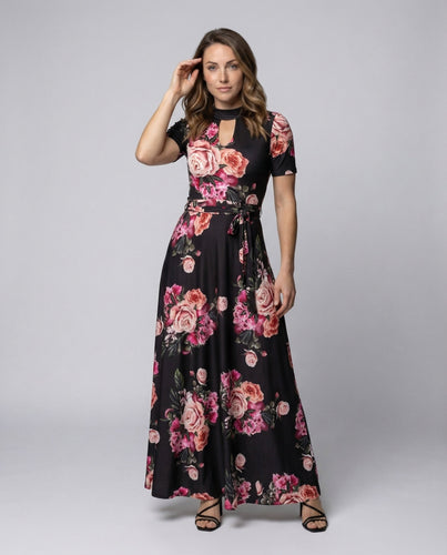 Women's Floral Maxi Dress with Décolletage Slit