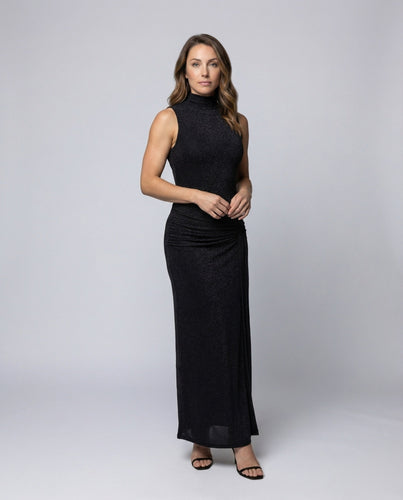 Ladies Glitter Maxi Dress Stand Collar Side Draping