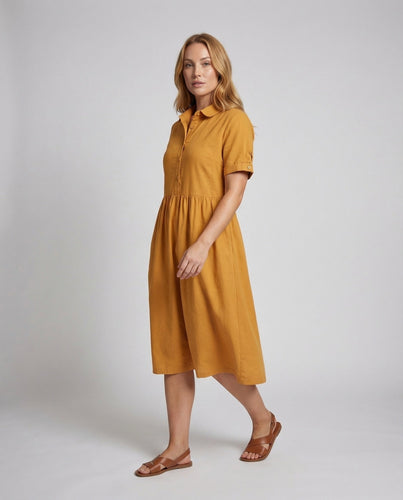 Women's Shirt Midi Dress Waist Gathering Short Sleeves