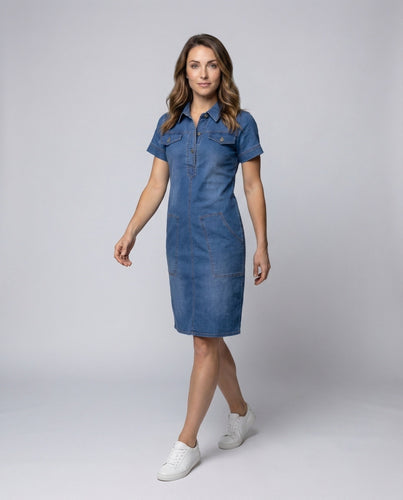 Women's Denim Shirt Dress with Chest Pockets Knee-Length
