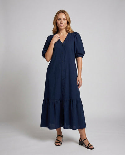 Women Cotton-Linen Maxi Dress Puff Sleeves Tiered Skirt
