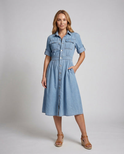 Women's Midi Jeans Dress Smock Waist Side Pockets