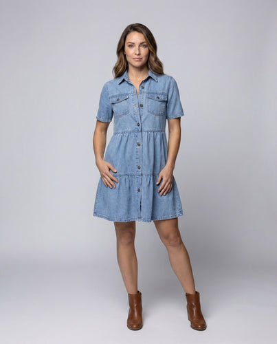 Women's Short-Sleeved Shirt Dress Tiered Skirt