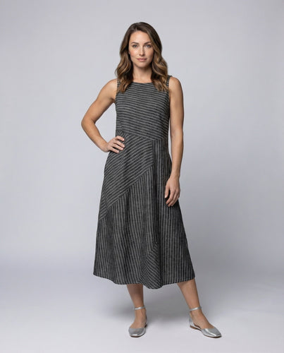 Women's Linen Blend Midi Dress Diagonal Seam Panels