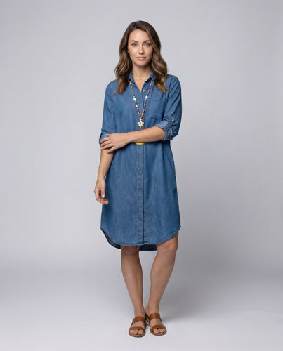 Women Jeans Shirt Dress Rollable Three Quarter Sleeves