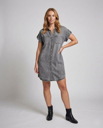Women's Shirt Dress Denim Look Roll-Up Sleeves