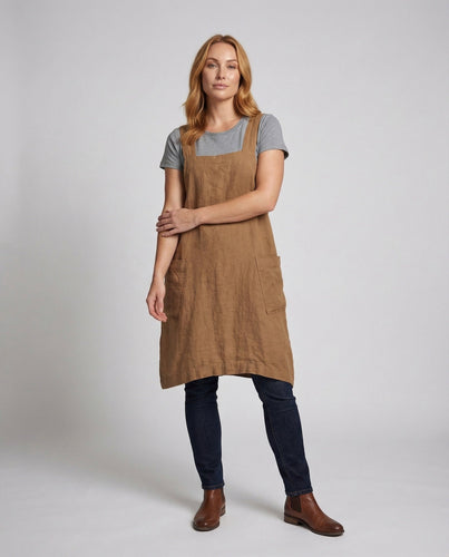 Women’s dungaree dress linen blend square neckline