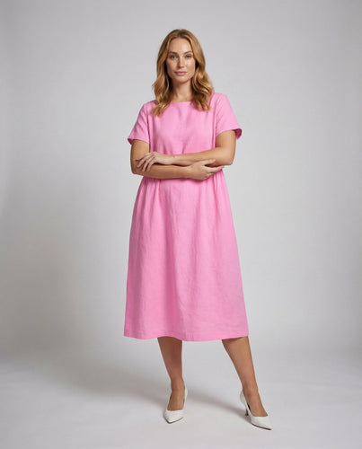 Women Linen Midi Dress Dropped Shoulder