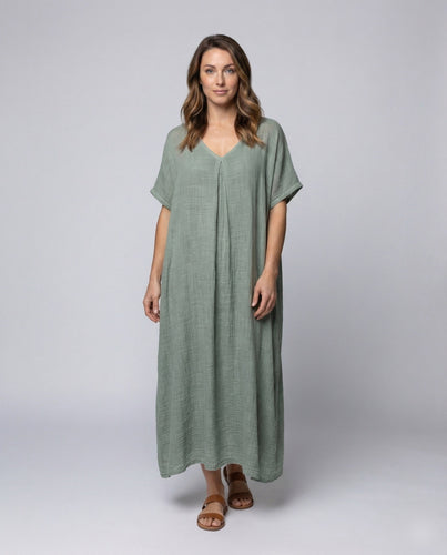 Women Maxi Dress Linen Blend Center Seam