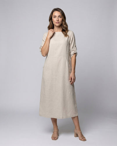 Women Linen Blend Midi Dress Roll-Up Sleeves