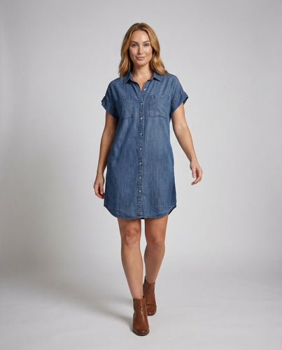 Women Shirt Dress Denim Look Ruffle Step