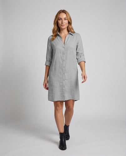 Women's Linen Shirt Dress with Roll-Up Sleeves