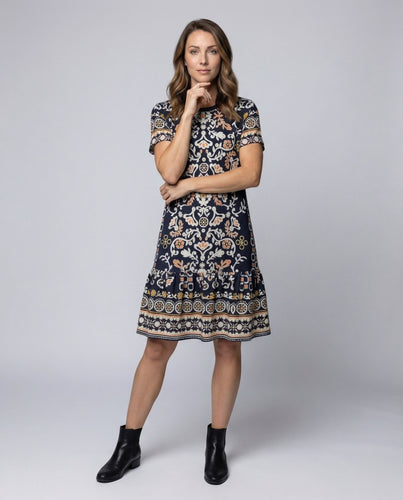Women Short Dress Folk Print Ruffle Hem