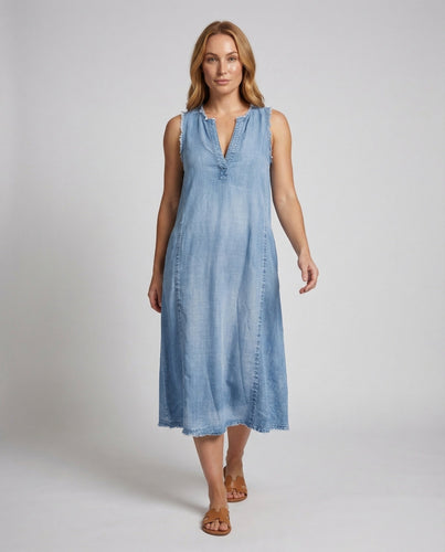 Women's Chambray Midi Dress Swinging A-Line
