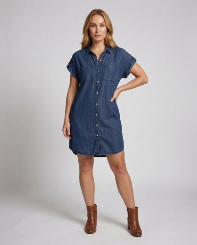 Ladies Shirt Dress Denim Mix Rolled Sleeves