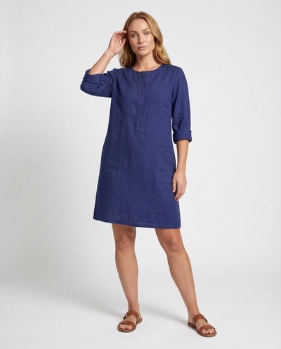 Women Linen Dress Round Neckline Button Placket