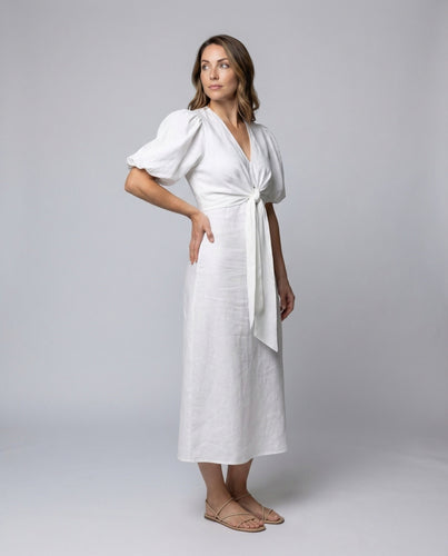 Women Linen Blend Midi Dress Tie Belt