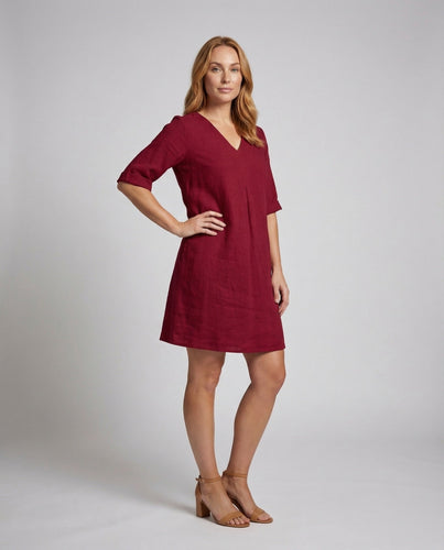 Women Linen Midi Dress Box Pleat Three Quarter Sleeves