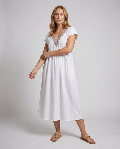 Women's Maxi Dress Lace Yoke Viscose-Linen Blend