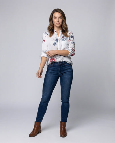 Women's Viscose Blouse Stand Collar Roll-Up Sleeves