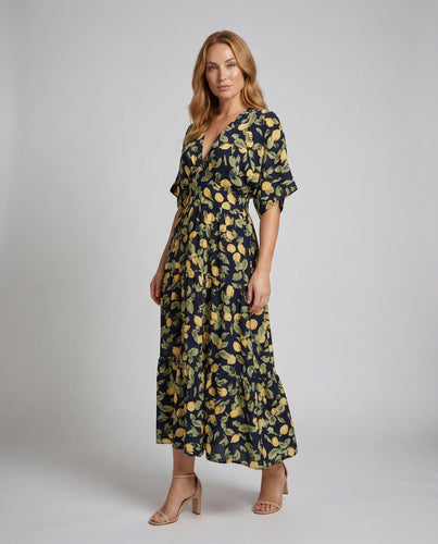 Women's Maxi Dress Lemon Print Ruffle Skirt