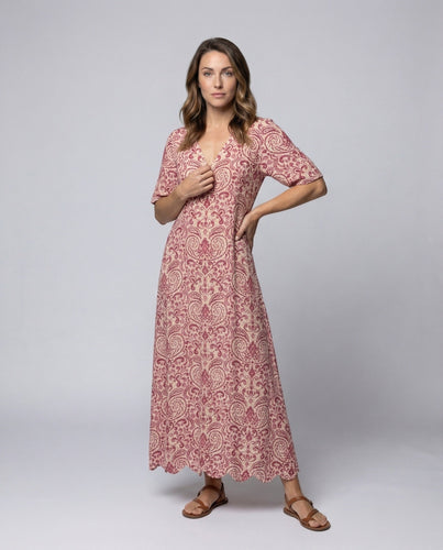 Women's Boho Maxi Dress Paisley Pattern Three-Quarter Sleeves