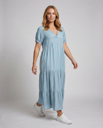 Women's Chambray Ruffled Tiered Maxi Dress Short Sleeves