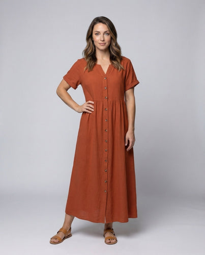 Women's Linen Look Maxi Dress Button Placket Short Sleeves